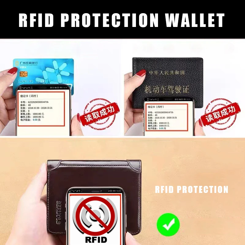 남성용 RFID 차단 정품 가죽 단지갑, ID 창 및 신용 카드 홀더 포함, 3 중 접이식 비즈니스 지갑