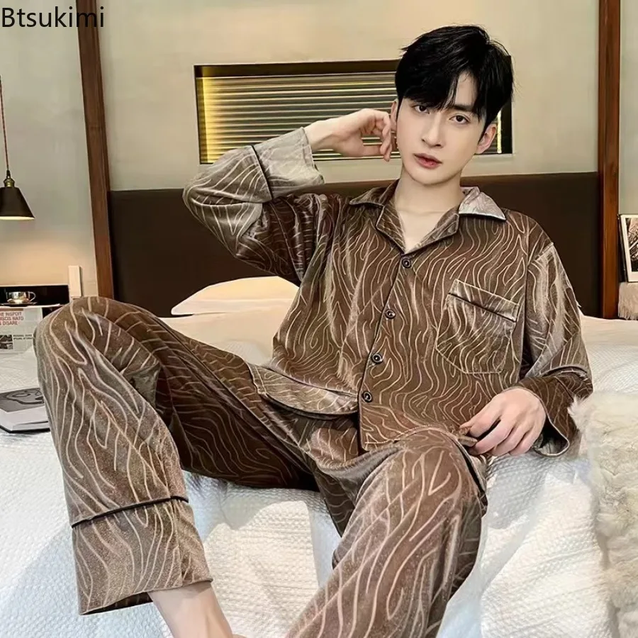 

2024 New Men's Long Sleeve Pants Pajama Sets High-end Luxury Gold Velvet Homewear 2 Piece Sets Loose Lounge Sleepwear Suit Male