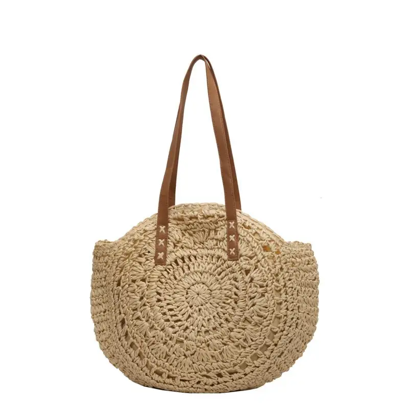 Bolsa de Praia ande Capacidade em Palha Trançada, Bolsa de Ombro Única, Estilo Retrô Americano, Forro de Nylon, F de Zí...