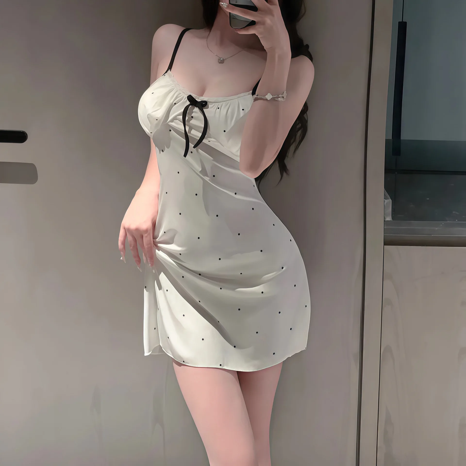 New Korean Style Cute Women Sleepwear Sexy French Lace Strappy Polka Dot Nightdress With Built In Chest Pad Thin Homewear