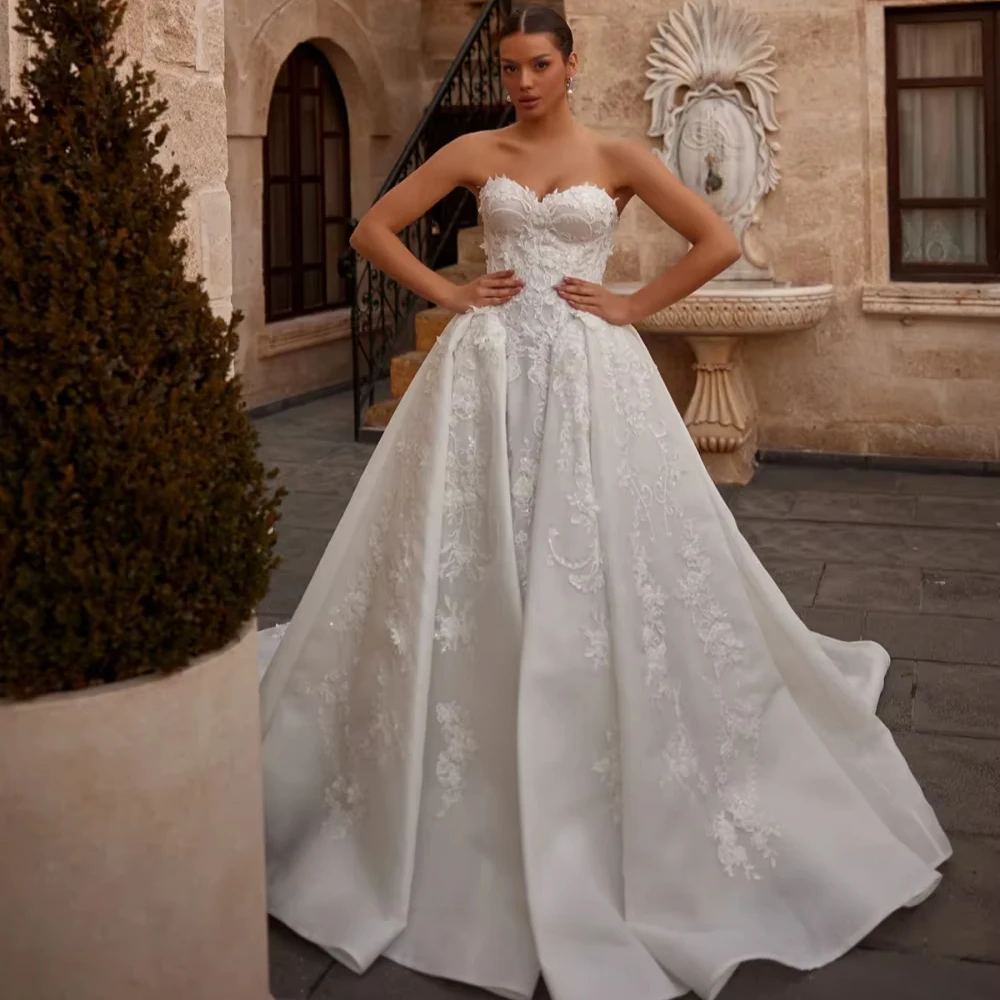 Customized Shinny 3D Floral A-line Long Wedding Dress Dreamy Sweetheart Neck Bridal Gown New Graceful Classic Bridal Gown