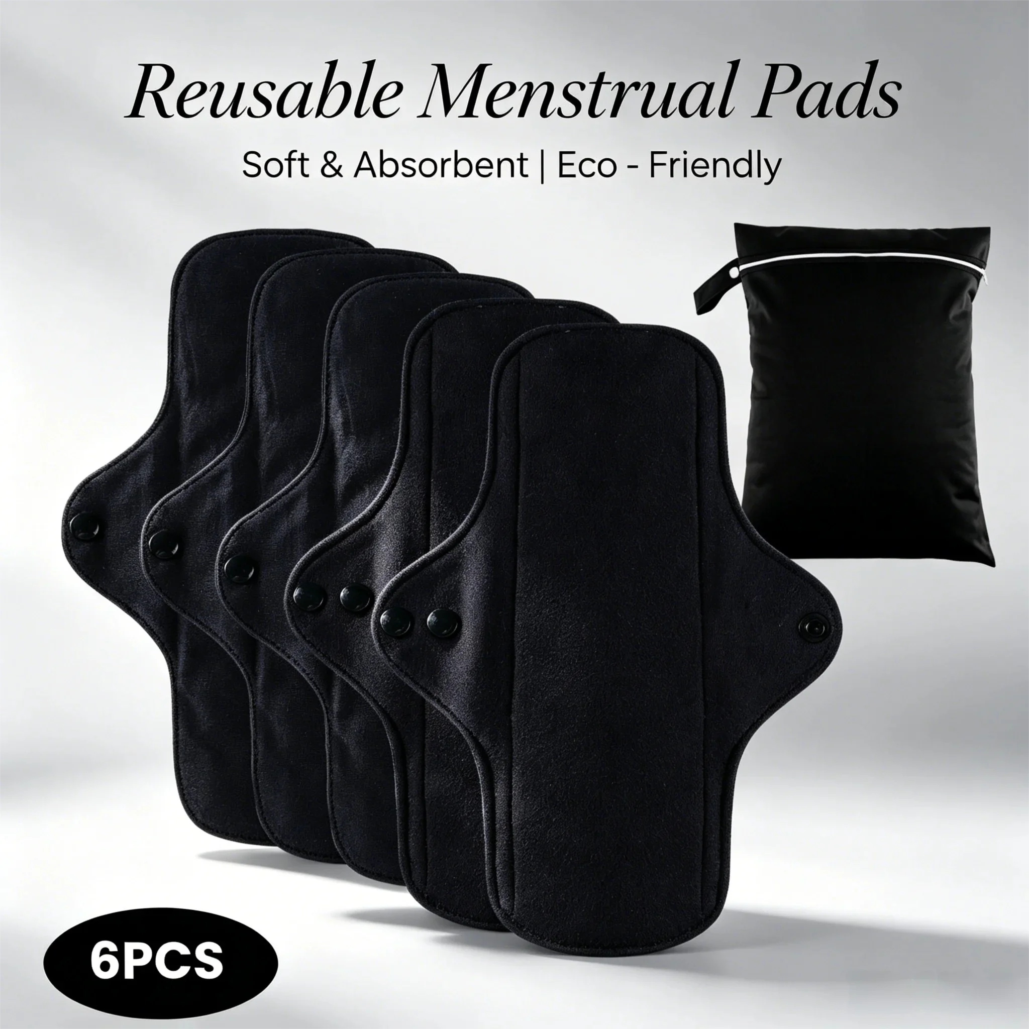 Reusable Black Pure Cotton Sanitary Pad Set Washable Soft Menstrual Pad Leak Proof Women Hygiene Sanitary Towels 6PCS