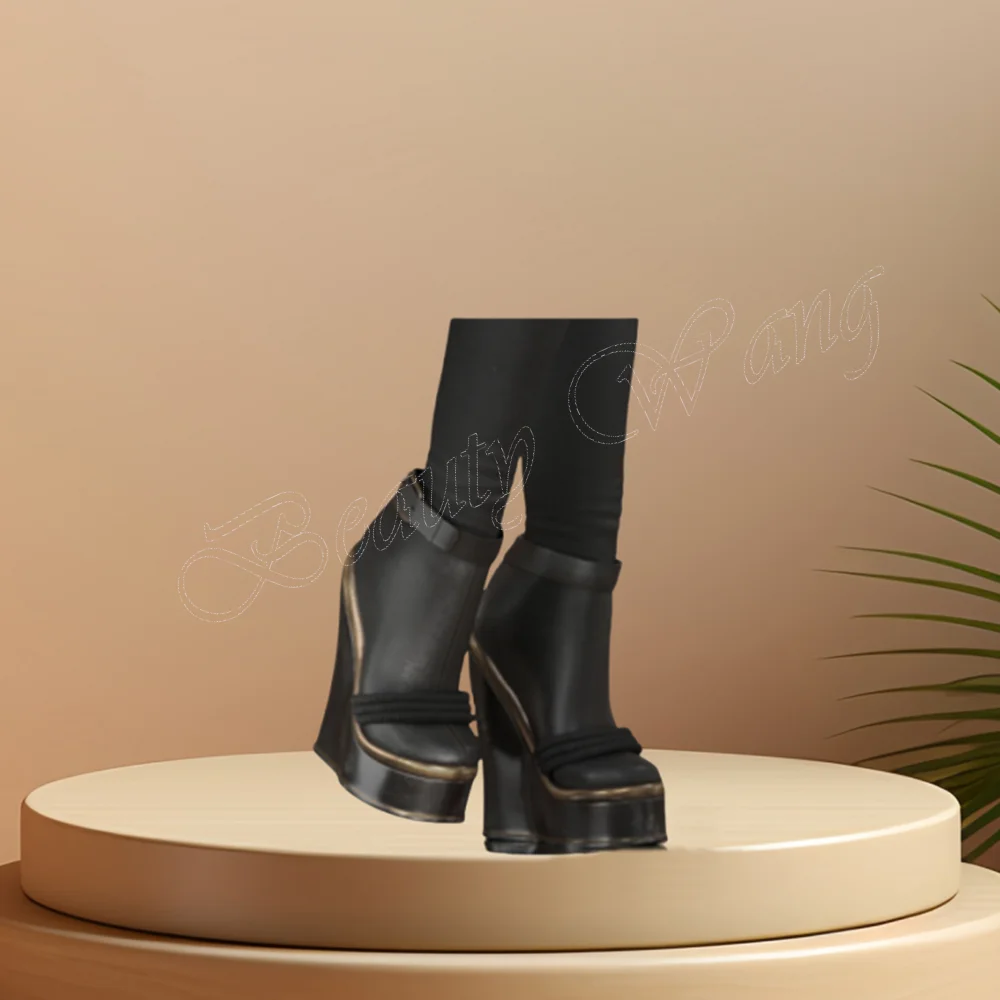 

Black Wedges Heel Sandals Platform Ankle Buckle Round Toe Thin High Heel Shoes for Women Runway High Heels 2024 Zapatillas Mujer