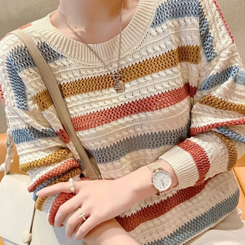 Women\'s T Shirts Knitted Tees Loose Striped 2024 Female Tops Crochet Tshirts Fitted Offer Korean Style Wholesale Tall O Clothes