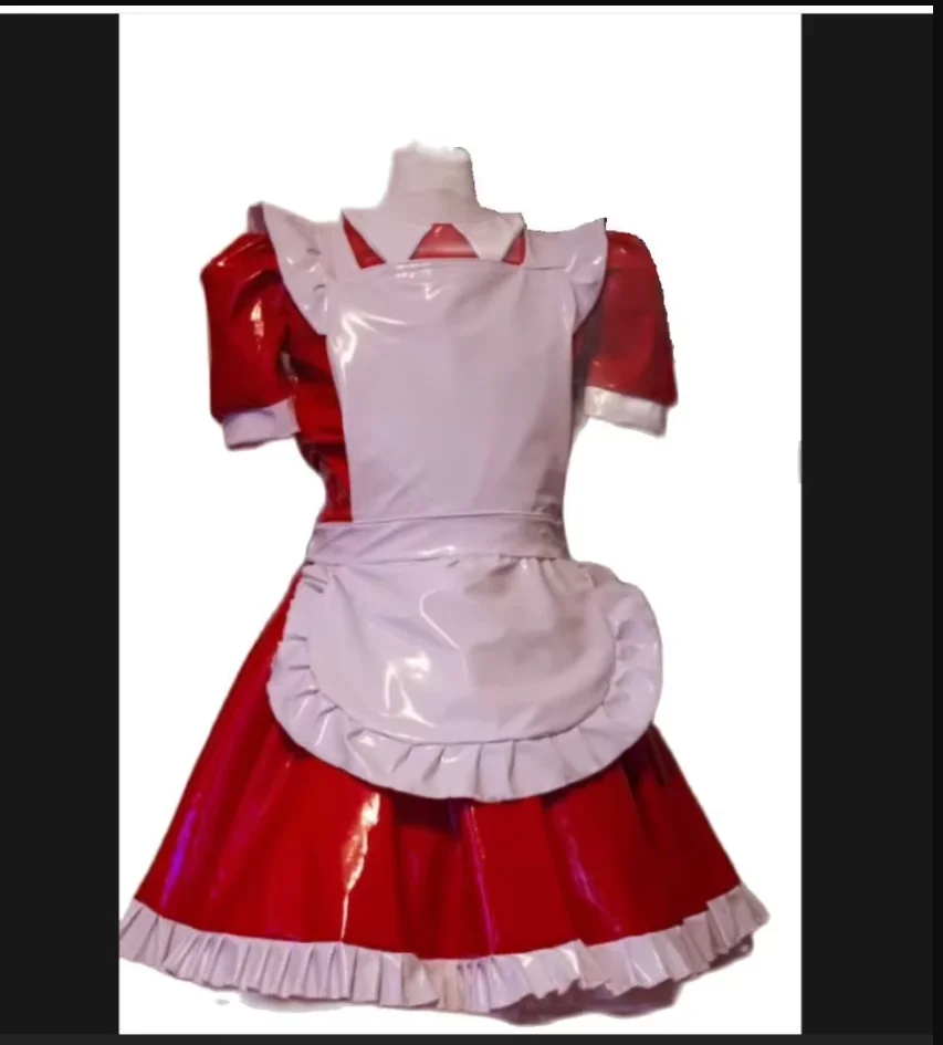 

Hot Selling Lockable Sissy Dress Sexy Maid Pink White PVC Apron Ruffle Tower Role-playing Costume Customization