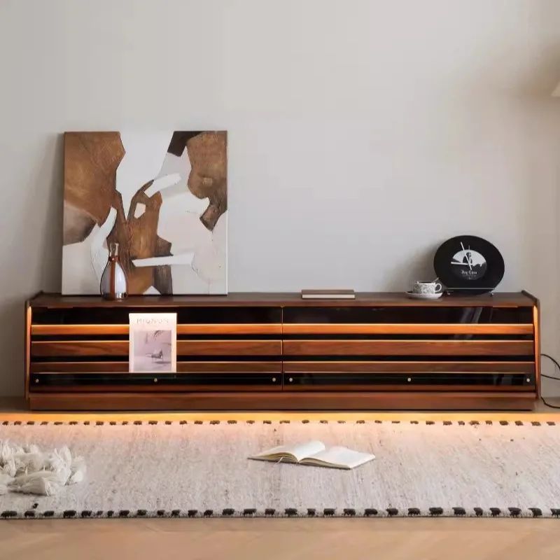 North American black walnut, floor-to-ceiling TV cabinet, small living room for home use, with ambient light