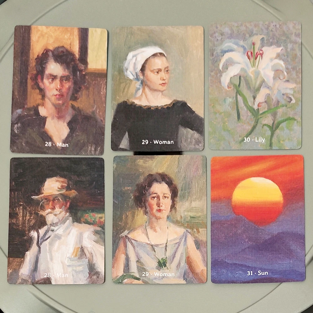 Jeu de cartes d'oracle Lenormand 9x6cm imprimé sur carton gaufré double face, 38 cartes de style peinture à l'huile avec cartes supplémentaires Homme/Femme