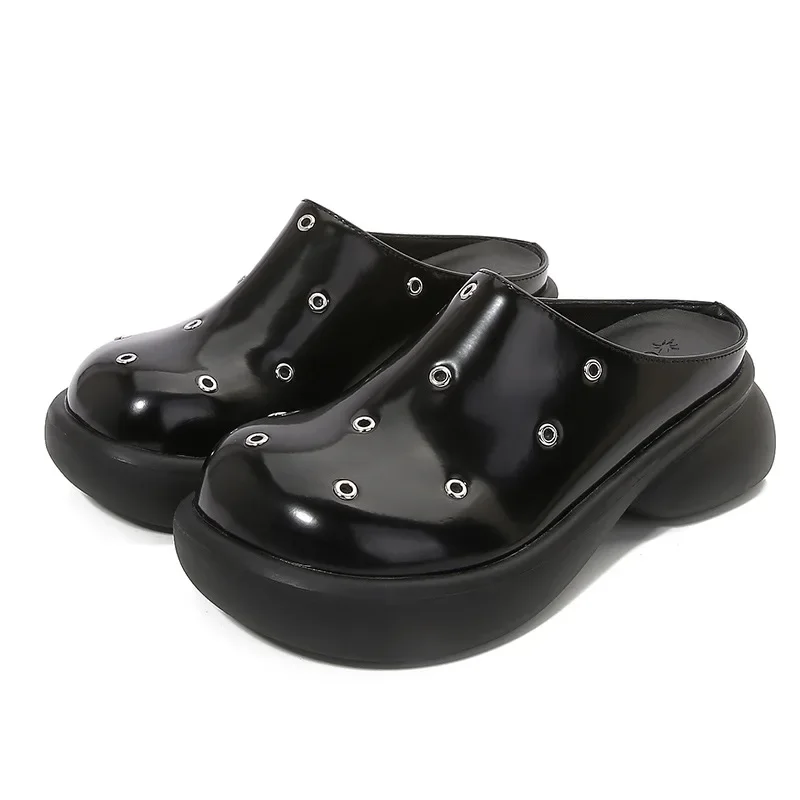 Punk Style Bag Head Metal Rivet Muller Slippers British Style Special-Shaped Heel Half Slippers Thick-Soled Versatile Loafers