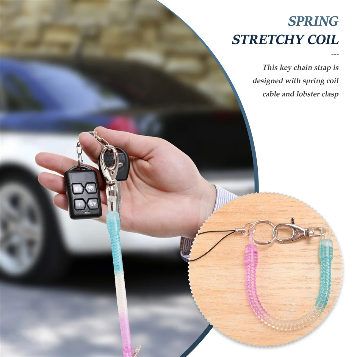 Lobster Hook Blue Spring Stretchy Coil Keyring Keychain Strap Rope Cord