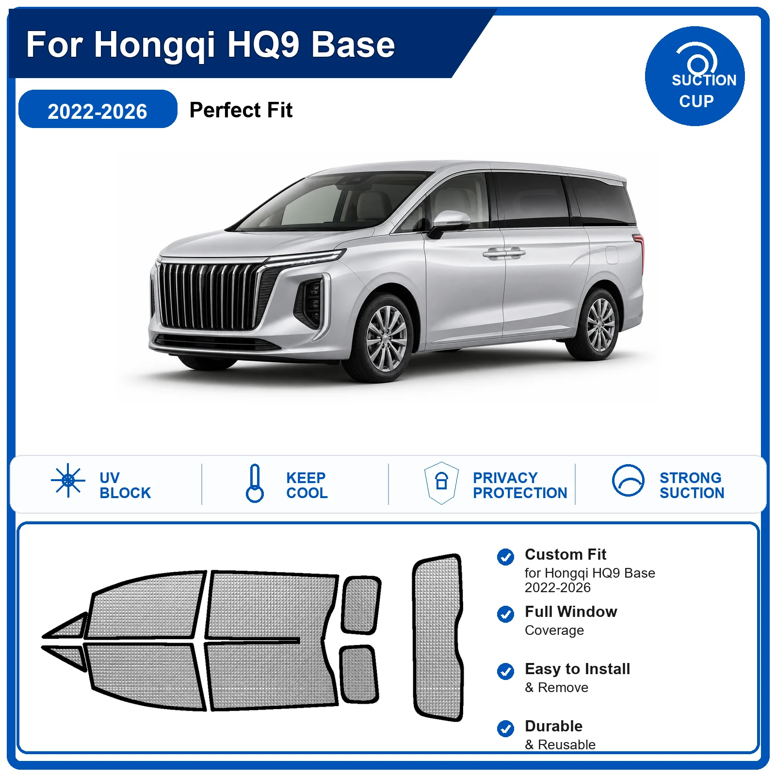 For Hongqi HQ9 Base 2022-2026 Custom Full Set Windshield Sun Shade Aluminum Foil Heat Insulation Anti UV Foldable