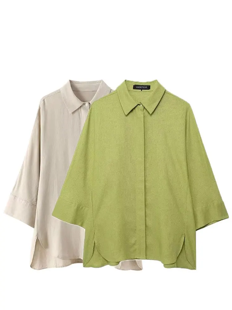 HH 2024 Camicetta solida moda donna monopetto manica lunga risvolto camicie casual allentato pendolarismo femminile Chic Top