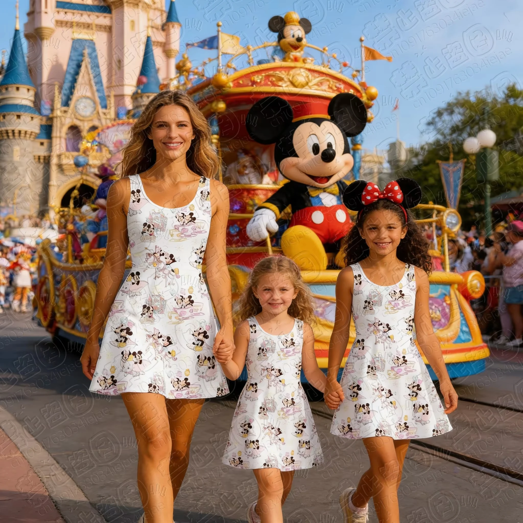

2026 Trendy Kawaii Sweet Women Girl Parent-child Dress Fashion Trip Summer Dress M-i-ckey Comfortable Breathable Trip Dress