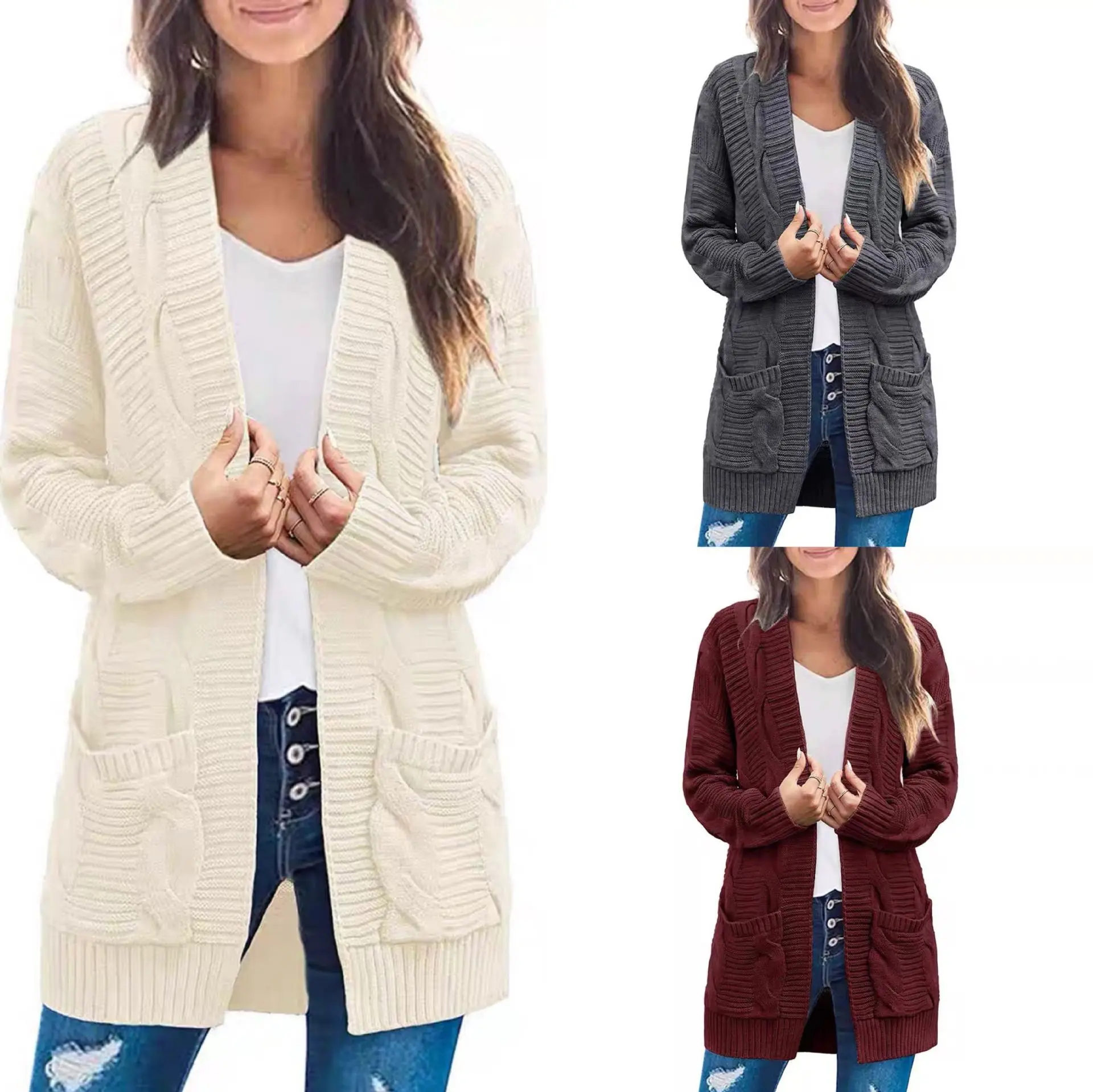 Large Size Women's Jacket, New Twist Double Pocket Cardigan Sweater Medium And Long In Autumn And Winter