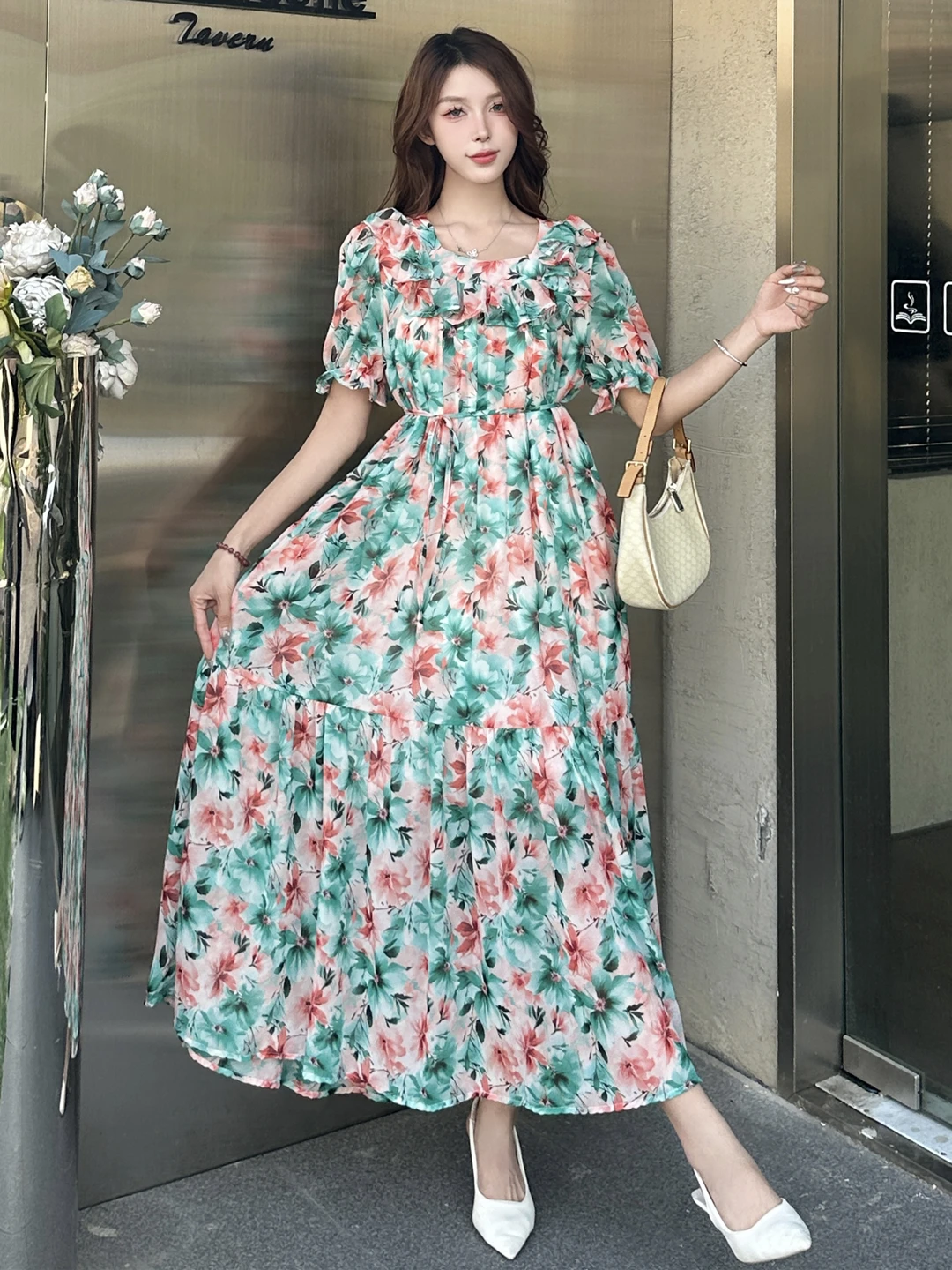 Vestido longo solto feminino de manga curta com colarinho quadrado, alta qualidade, babados doces, bainha grande, vestido floral de chiffon, verão, novo, 2022