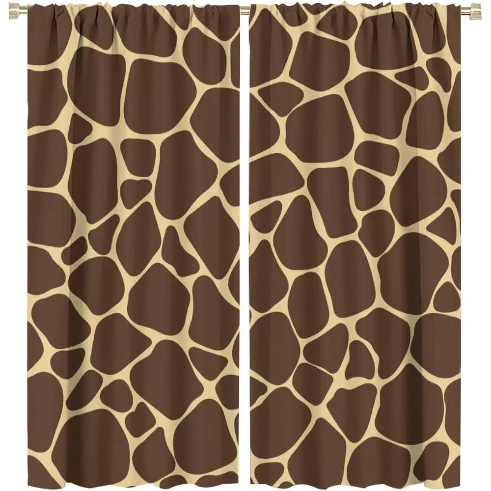 2 Panels Giraffe Blackout Curtains - Tropical Wildlife Brown & Tan Giraffe Print Light Filtering Window Drapes, 100% Polyester P