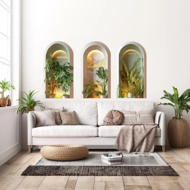 3PCS Green Plants Simulated Archway Niche Potted Plant Painting Wall Stickers Bedroom Peel & Stick Art Mural Wall Decals