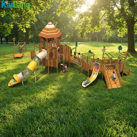 Popular Children's Playground Outdoor Wooden Cabin Shape Wooden Slide Combination Children's Wooden Outdoor Sports Playground
