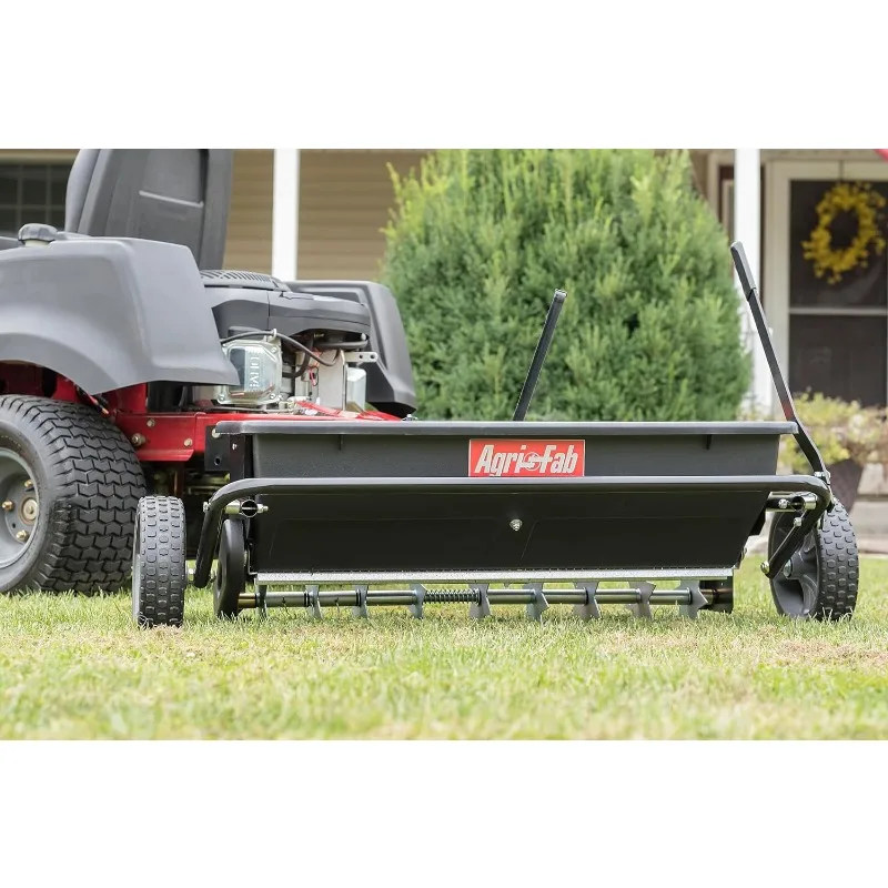 100lb Poly Drop Spreader/Spike Aerator，Universal hitch attaches easily to any brand of tractor