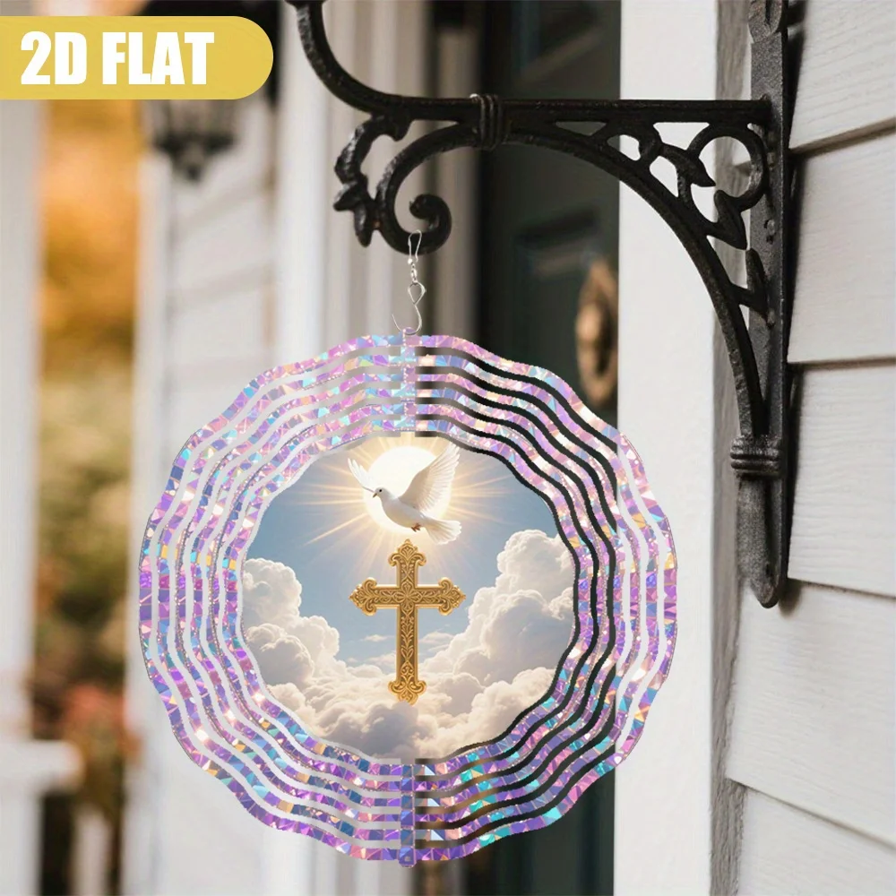 Wind chime with rotating hook: white doves flying among the clouds above a golden cross