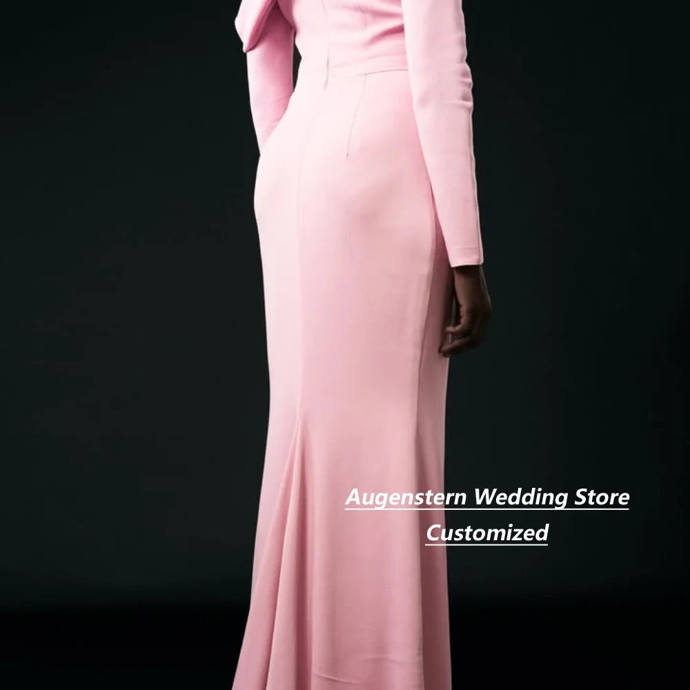 Customized Pink Cowl Neck Jersey Mother Of The Bride Gown Tiered Pleated Long Sleeve Mermaid Formal Evening Dress With Train