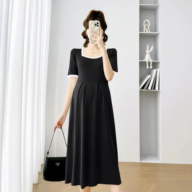 

Gentle Women's Maternity Dresses Summer Fashion French Pregnant Clothes Simple Knitted Ice Silk Breathable Outside 2023 New