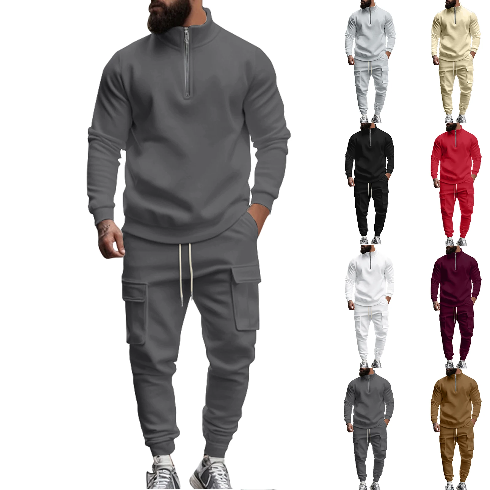 الرجال الأمريكية عادية الصوف الدافئة سستة السراويل الرياضية مجموعة الرجال الخريف والشتاء الدافئة طباعة فضفاضة أفخم سميكة مقنعين Sweatshir #6