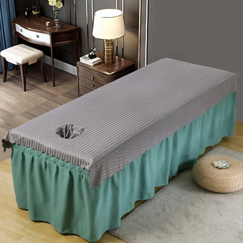 Striped Satin Beauty Salon Bed Sheets Quick Dry Anti Winckle for Tuina SPA M assage Club Bed Cover Sheets with Hole 1Pcs