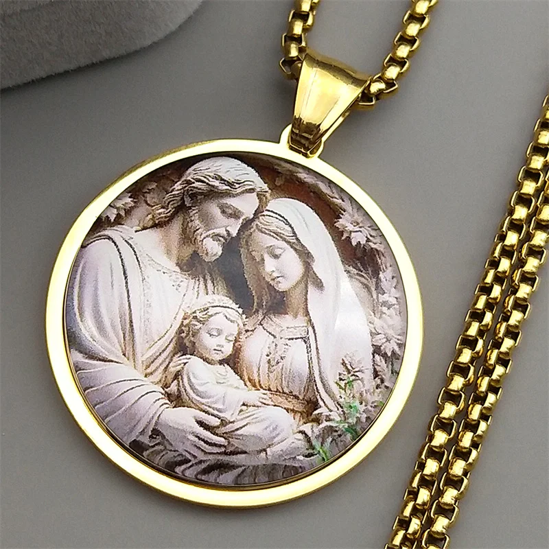 مريم العذراء سانت جوزيف بيبي يسوع الزجاج قلادة مستديرة قلادة للنساء الرجال الفولاذ المقاوم للصدأ الذهب اللون مجوهرات تميمة المسيحية #4