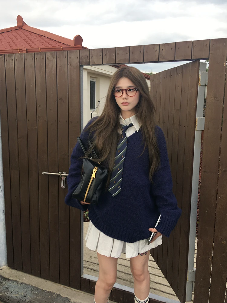 

Forlions Lazy Sle Big Knitted Sweater V-Ne College Sle Small Size Outerwear Knitwear Top Thiened Mid-Length