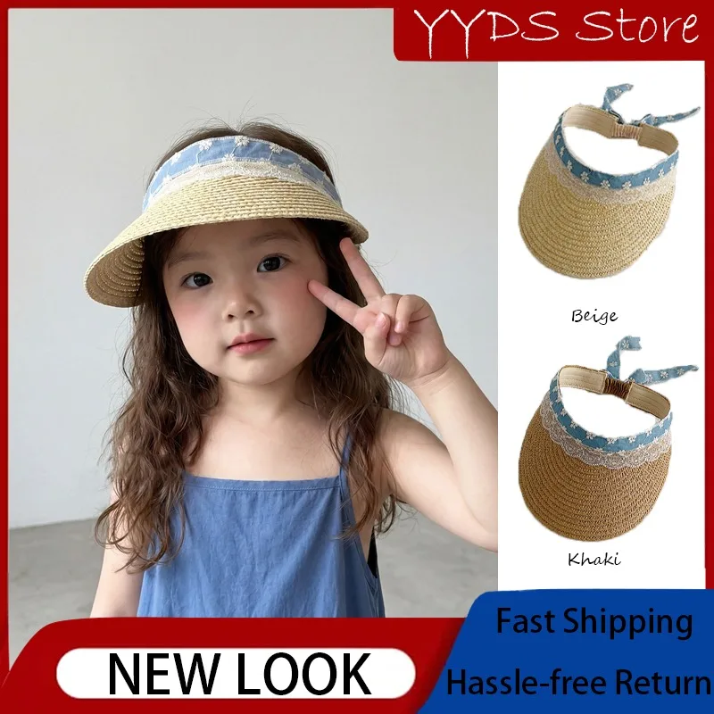 Summer Kids Woven Straw Visor Sun Hat Breathable Cool UV Protection Cap for Baby Girls Beach Outdoor