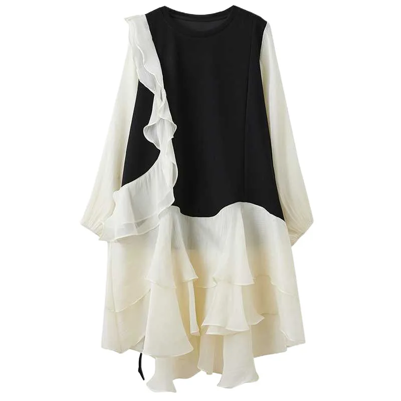 Chic Primavera Autunno Donna Filato netto Splicing Ruffles T-shirt Abito Allentato Patchwork irregolare Bordo di loto Tees Abito Top Abiti