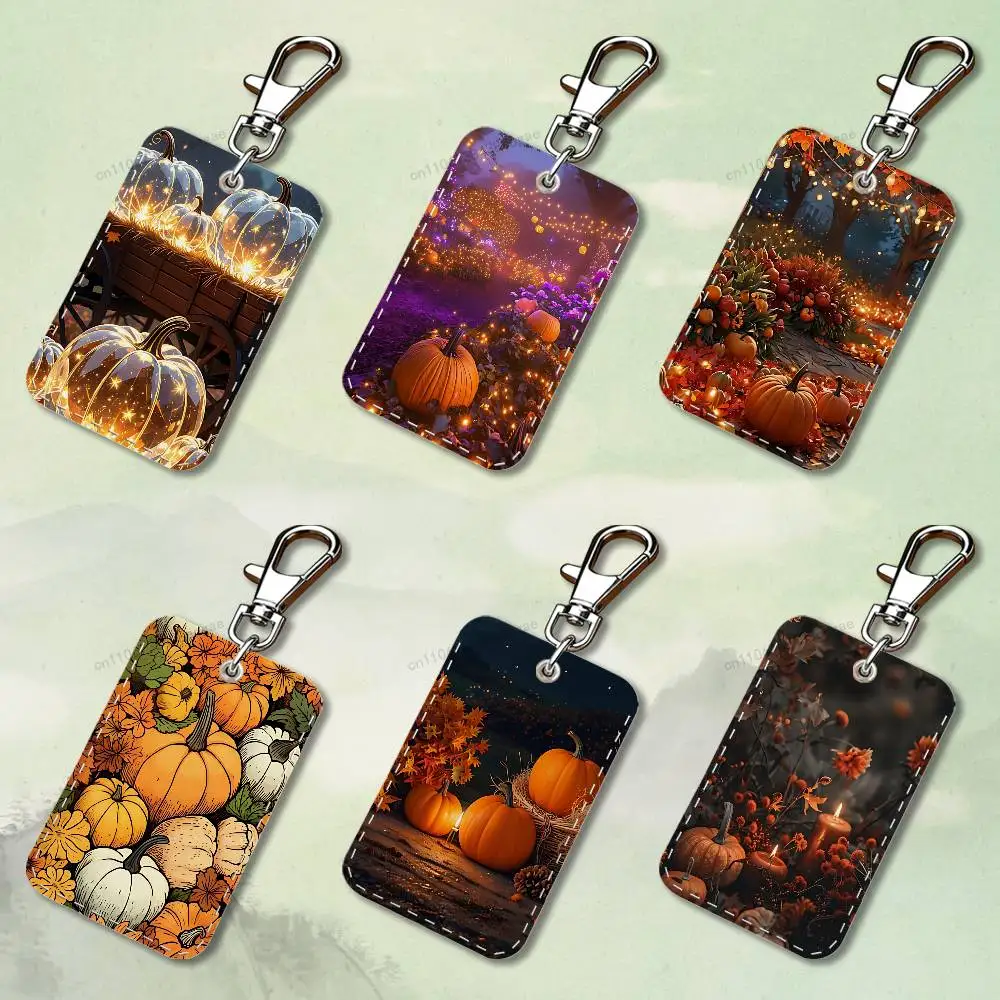 

Autumn Leaves Pumpkin Rectangle Card Case Keychain Access Card Bag Key Tag Ring Leather Card Holder Key Ring Access