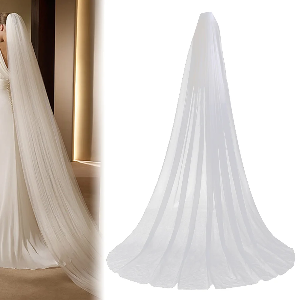 Long Wedding Veil Single Layer Tulle Cathedral Chapel Floor Veils with Hair Side Comb for Bride (White)