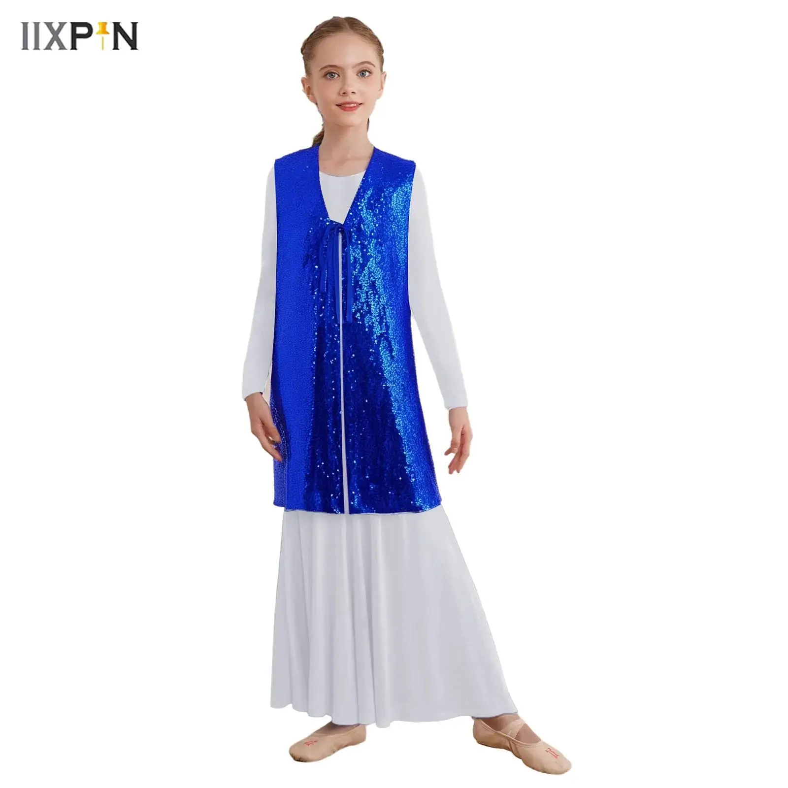 

Kids Girls Praise Worship Dance Costume Open Front Self-Tie Sleeveless Split Shiny Sequins Tunic for Performance Competition