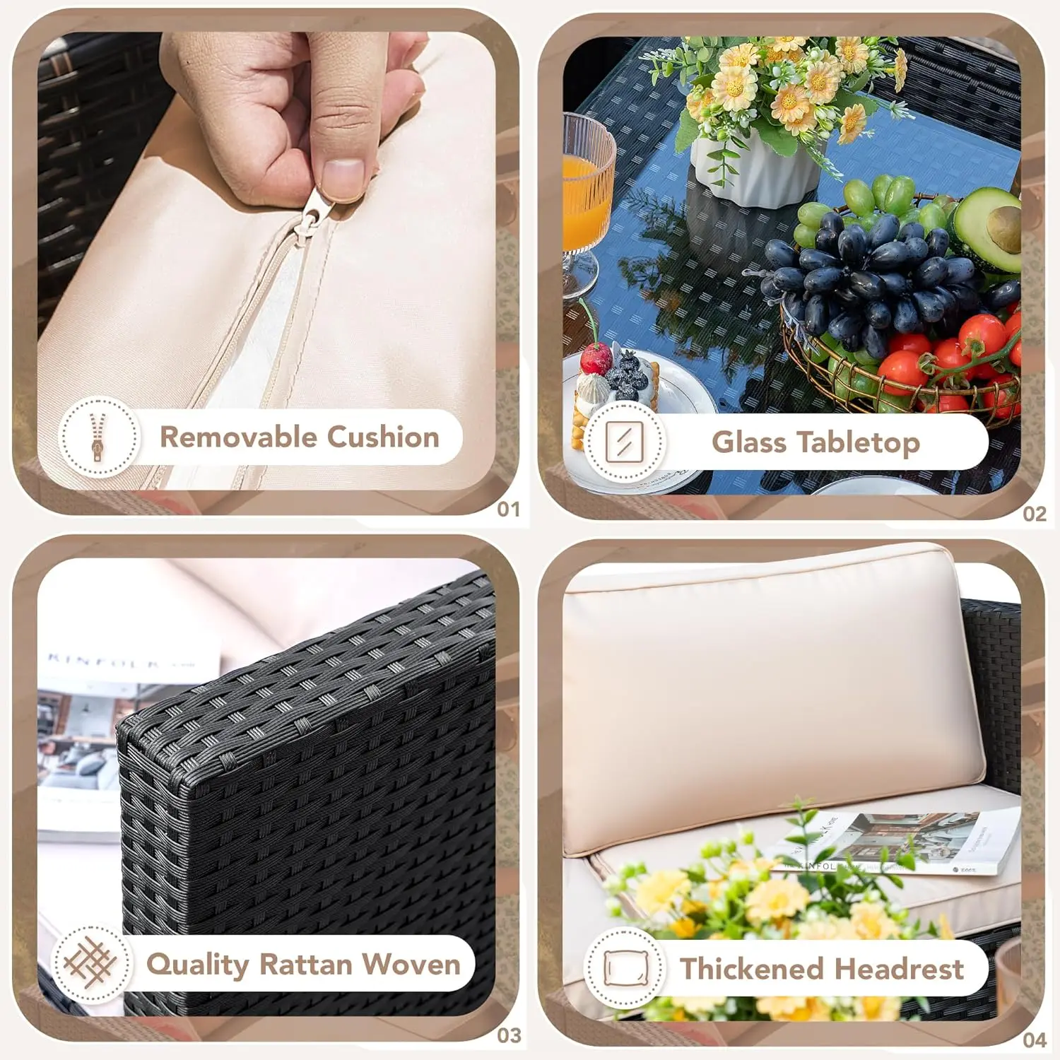 All Weather Wicker Rattan Pátio Sofá, Conjuntos de móveis com almofadas e mesa de vidro, ângulo ajustável manual, Chaise Lounge