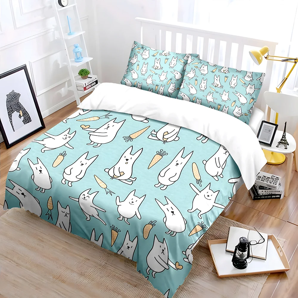 Cute rabbits with carrot background Duvet Cover Set Digital Print Colorful Polyester Bedding with Zipper Closur for kids gifts