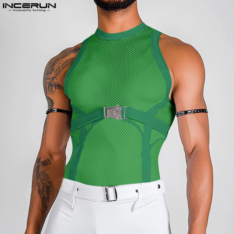 Men Tank Tops Mesh Patchwork Breathable O-neck Sleeveless Male Vests Streetwear 2025 Skinny Fashion Men Clothing S-3XL INCERUN