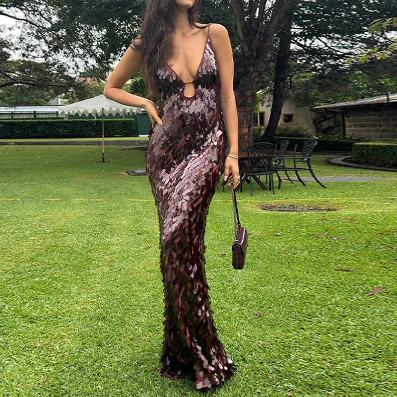 Modna Sukienka Wieczorowa Bez Rękawów z Wysokim Stanem, Wielokolorowa, Dopasowana, Seksowna, Nowa Sukienka z Głębokim Dekoltem V, Błyszcząca Sukienka z Cekinami, Długa