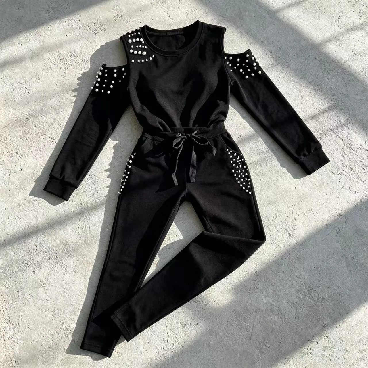 2 pieces women sets 2026 autumn Beaded Solid Color off shoulder hollow out Long-sleeved top+long pant suits women's clothing