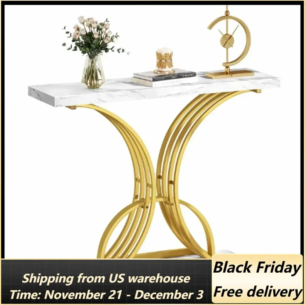 

40in Gold Narrow Console Table Side End Table with Faux Marble Top for Living Room, Entrance, Hallway, Entryway