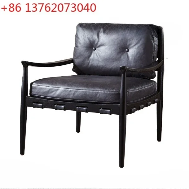 Nordic style retro old all solid wood armrest leisure chair American country leather sofa first layer cowhide