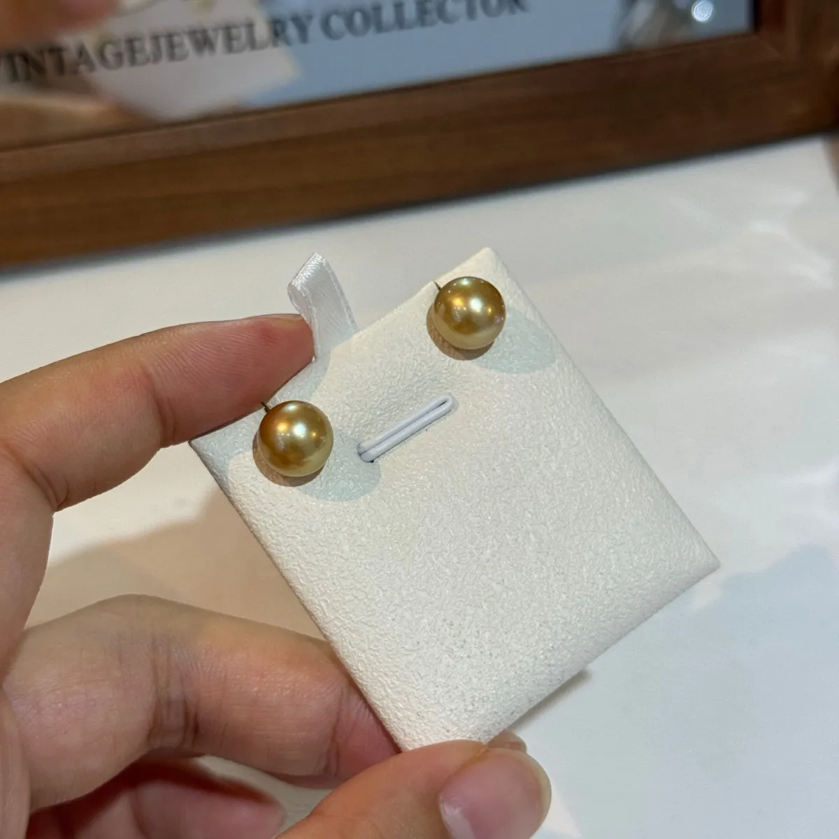 

18K Gold Natural South Sea Golden Pearl Stud Earrings, 9-10mm Near Round Strong Luster Slight Blemish