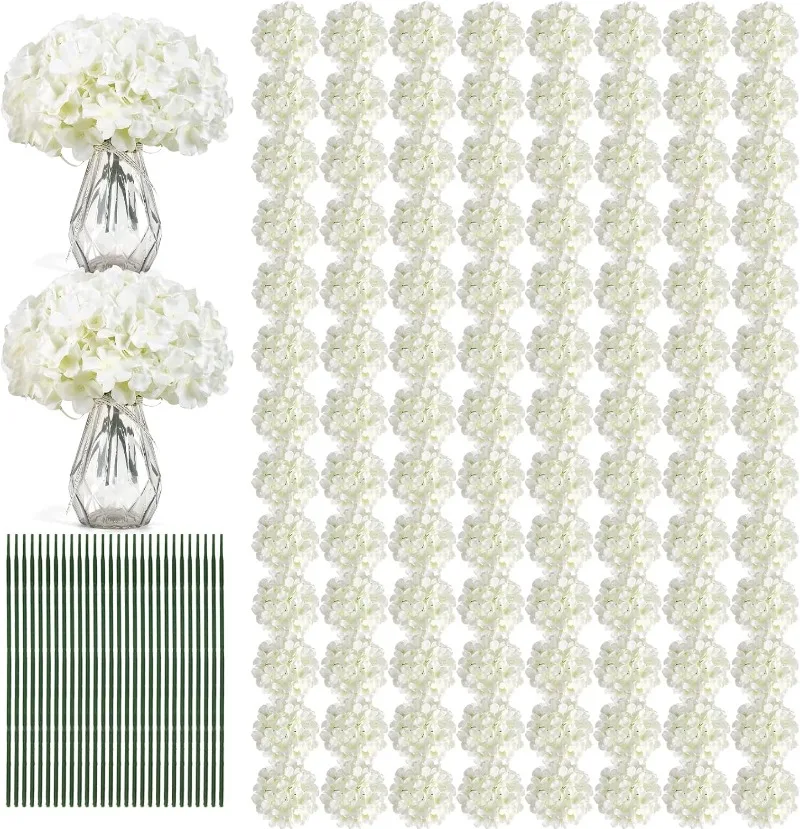 

204PCS Hydrangea Artificial Flowers, Silk Artificial Hydrangea Flowers Heads with Stems, Faux White Flowers for Wedding