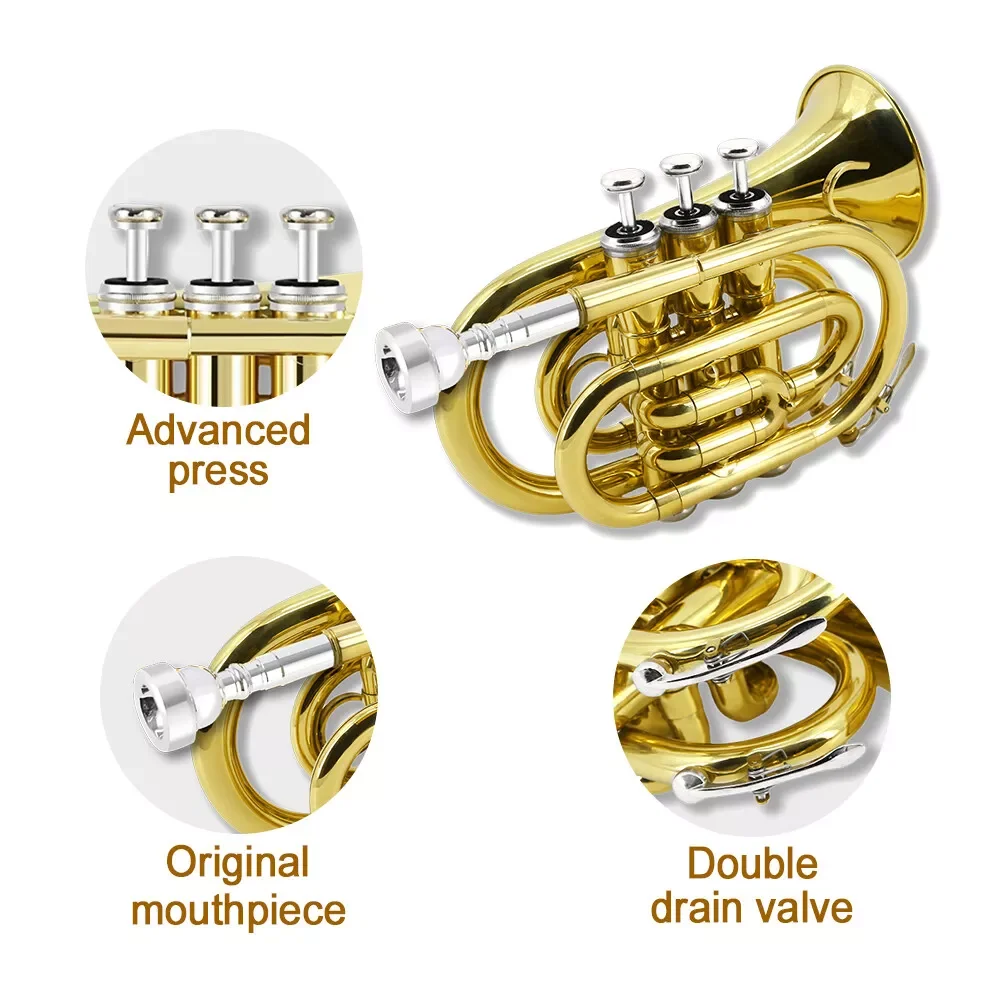 YinfenteBb Brass Pocket Trumpet With Case Mouthpiece Cleaning Cloth Gift Kit Nice Golden