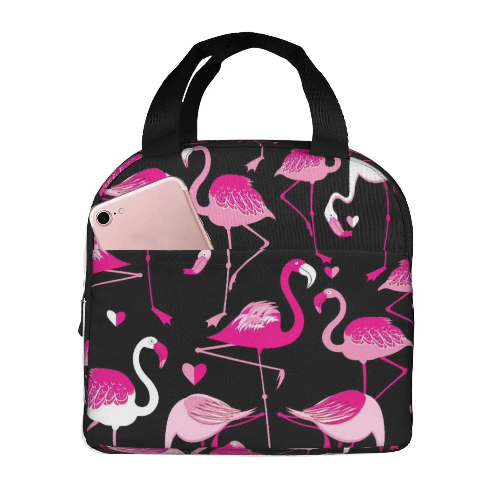 Flamingo Pattern Print Lunch Bag Waterproof Insulated Canvas Cooler Bag Thermal Cold Food Picnic Travel Tote for Women Children