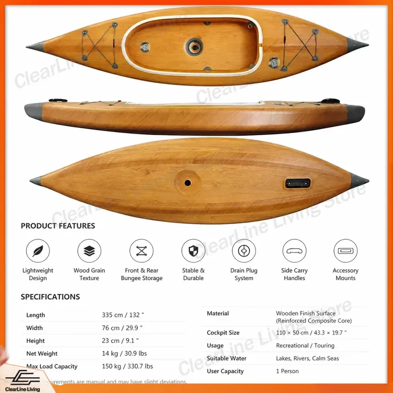 305cm Mini Inflatable Kayak Single Seat Light Wooden Boat 200kg Load Bearing Drip Seam Fishing Canoe for Lakes Rivers Outdoor