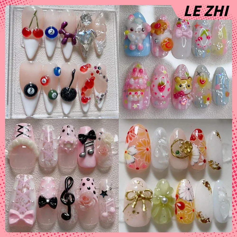 

Sweet Lovely Cartoon Almond Handmade Detachable Nails Party Sticker Flower Pearl Bowknot Rhinestone French Press On Nails Gift