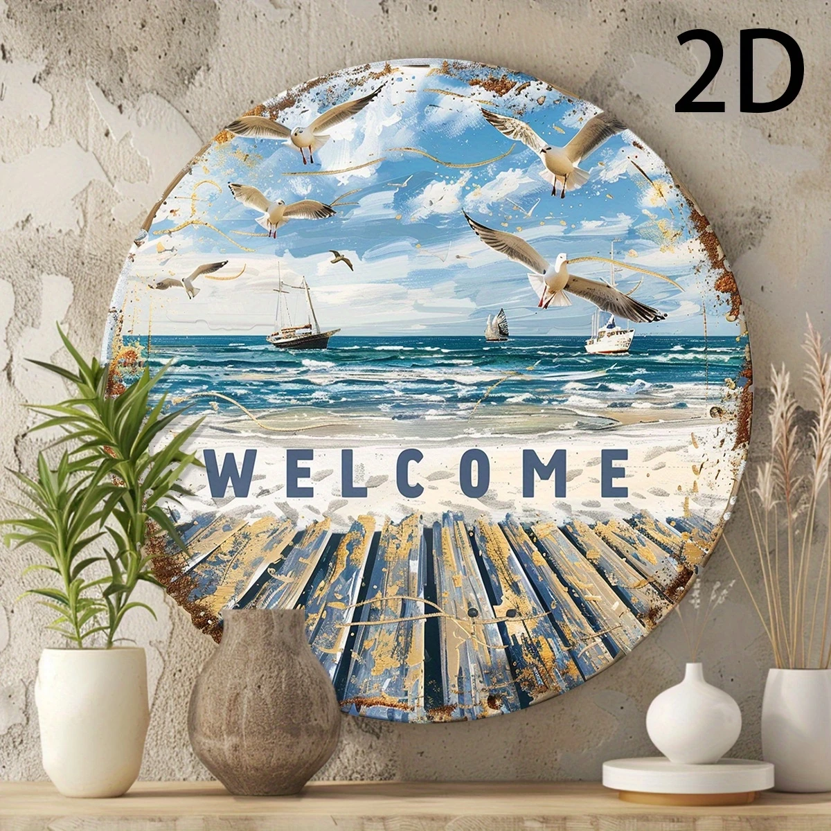 1pcs 8in Retro Wooden 2D Flat Round Disc Beach Vacation Style Summer Waves Ocean Seagull Travel Beach Attractions Photo Prop
