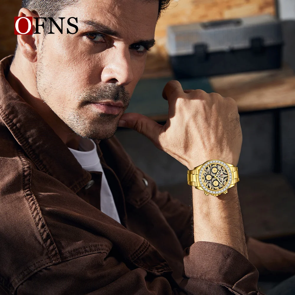 OFNS 7111 أزياء الرجال ثلاثة العين ستة دبوس كوارتز ساعة النمر نمط للماء ضوء الليل ساعة كوارتز رجالية