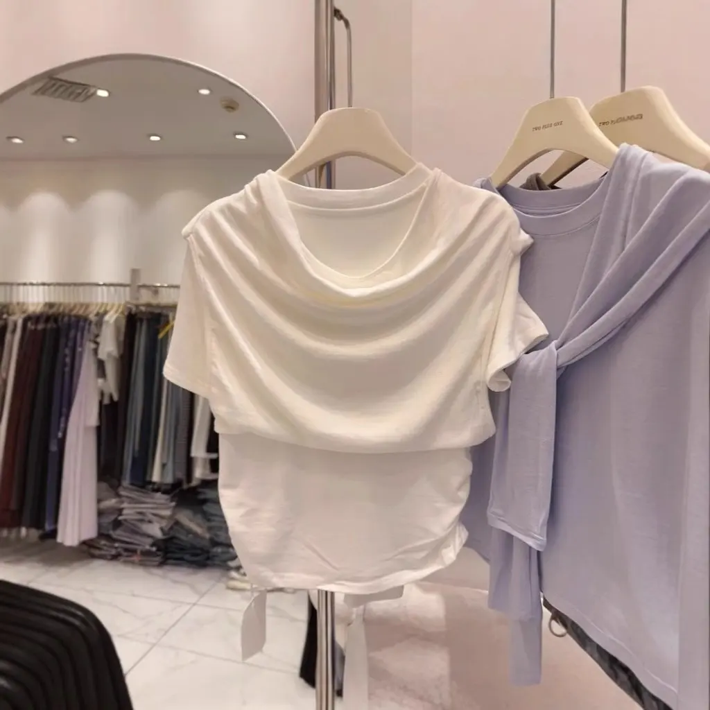 

Женская однотонная футболка из модала с коротким рукавом, искусственная двухсекционная шаль, уменьшающий возраст топ для оптовой продажи
